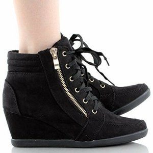 Women's Suede High Top Zip Lace Up Wedge Hiden Heels Fashion Sneakers